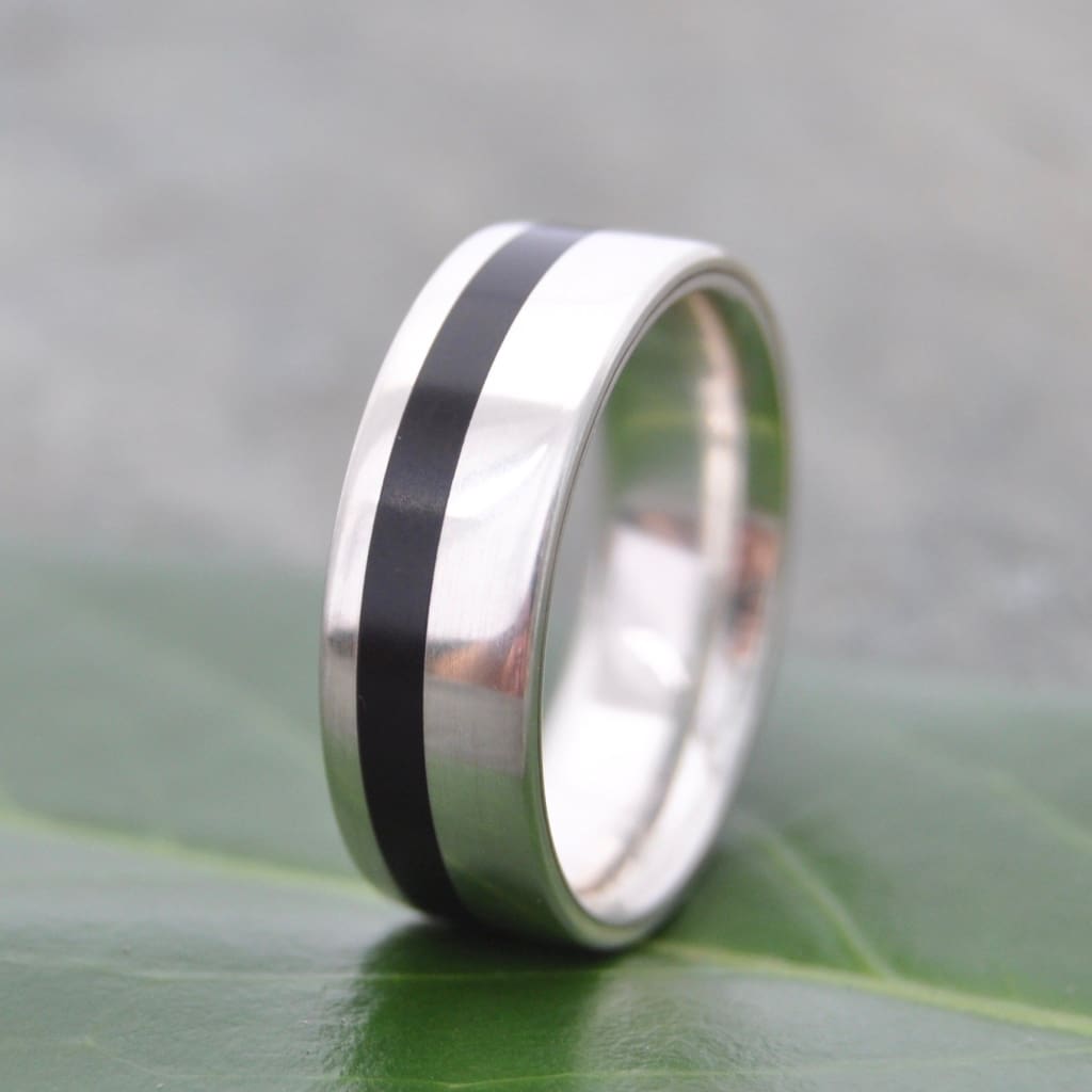 Mens black coyol and sterling silver wedding band, Equinox design