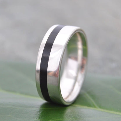 Mens black coyol and sterling silver wedding band, Equinox design
