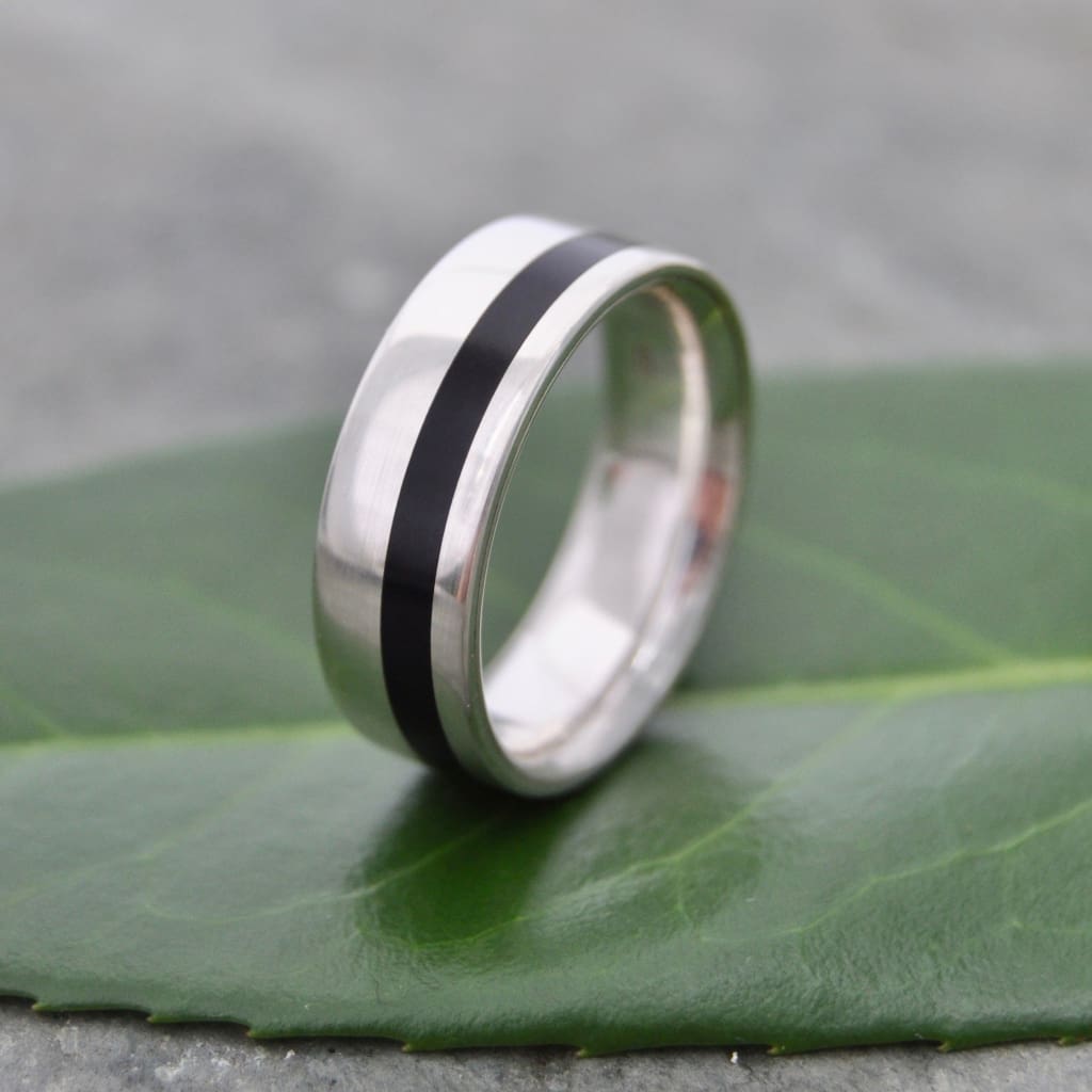 Silver and wood wedding band with black coyol and sterling silver, Equinox design
