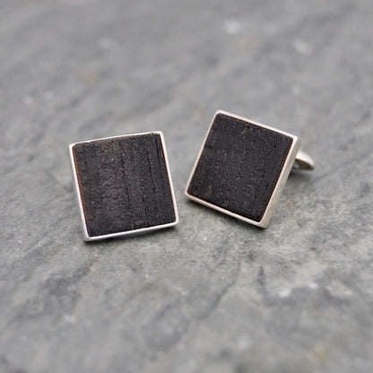 Square Charred Bourbon Barrel Cufflinks in Sterling Silver, Square Whiskey Barrel Cufflinks - Naturaleza Organic Jewelry & Wood Rings
