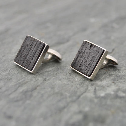 Square Charred Bourbon Barrel Cufflinks in Sterling Silver, Square Whiskey Barrel Cufflinks - Naturaleza Organic Jewelry & Wood Rings