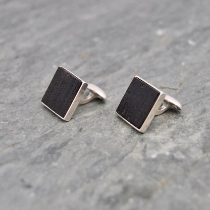 Square Charred Bourbon Barrel Cufflinks in Sterling Silver, Square Whiskey Barrel Cufflinks - Naturaleza Organic Jewelry & Wood Rings