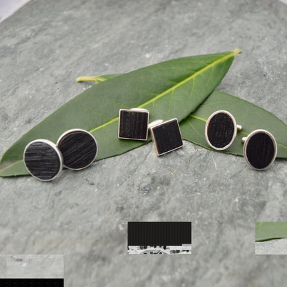Square Charred Bourbon Barrel Cufflinks in Sterling Silver, Square Whiskey Barrel Cufflinks - Naturaleza Organic Jewelry & Wood Rings
