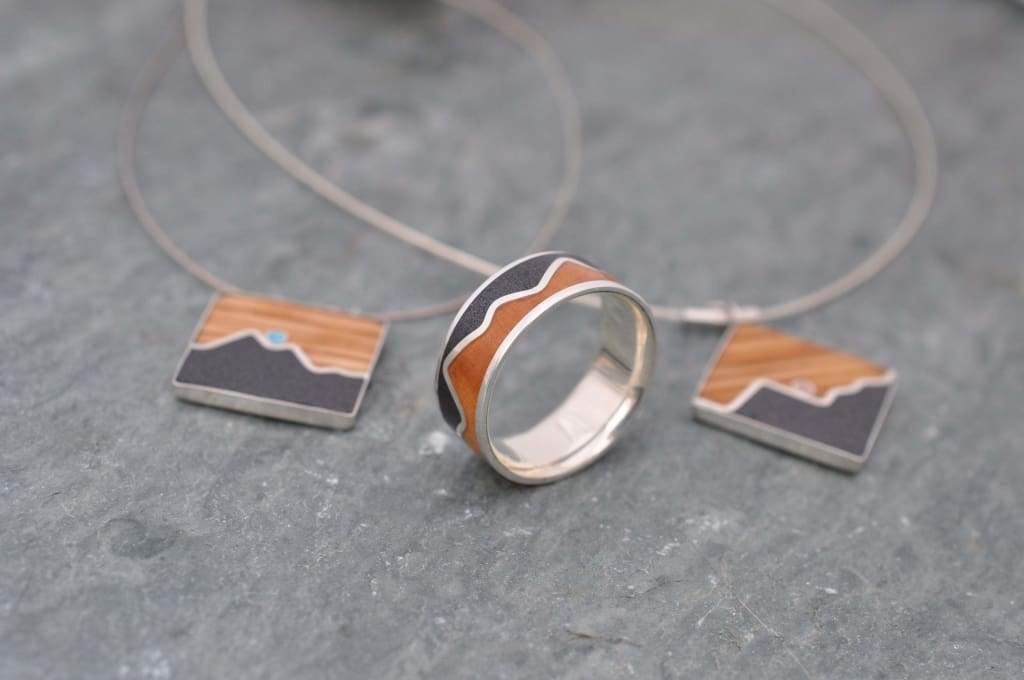 Volcanic sand ring with sterling silver, mountain range design