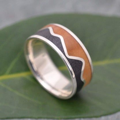 Mountain range wood ring with volcanic sand inlay and silver