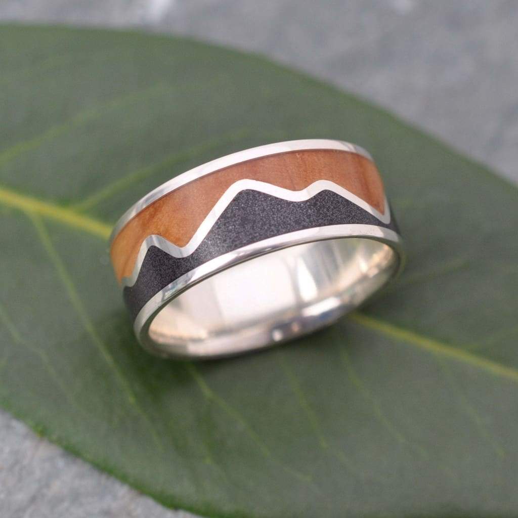 Titanium sand mountain range ring with recycled sterling silver