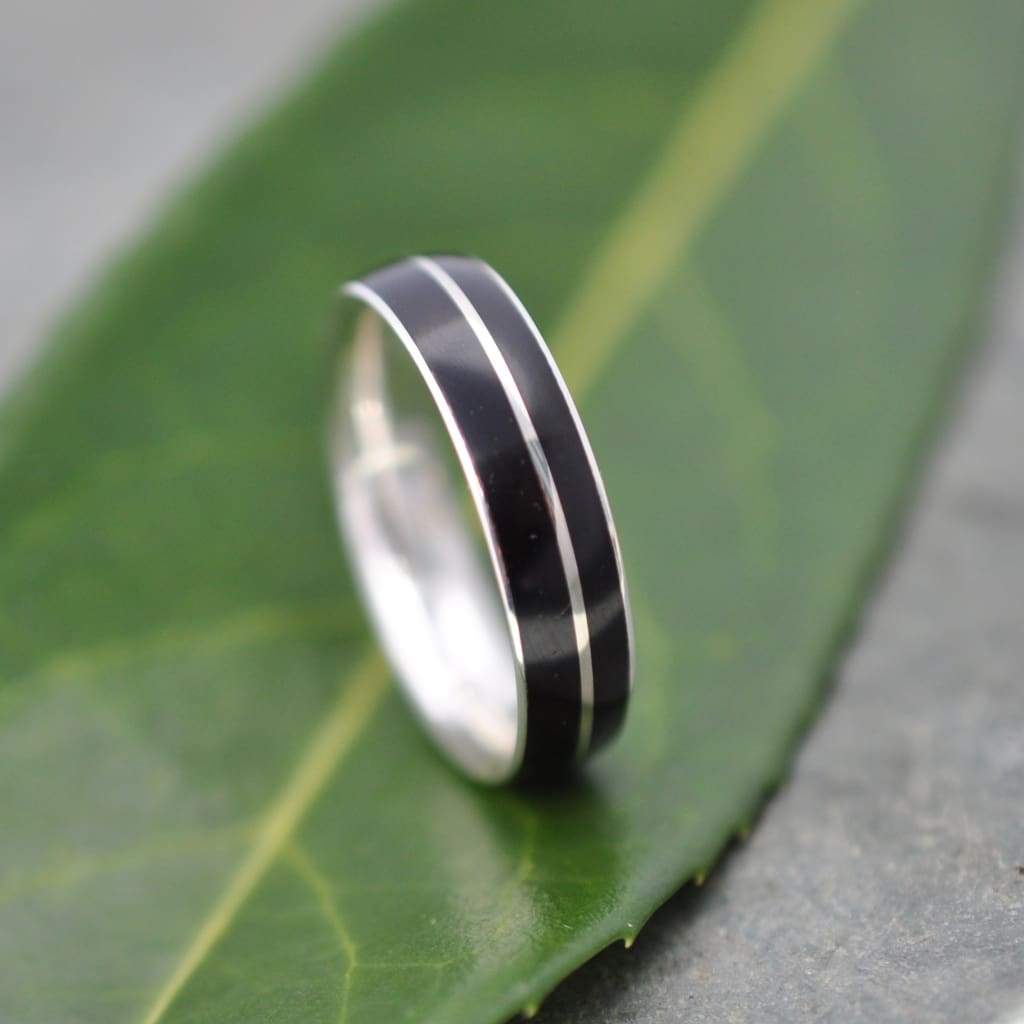 Black coyol seed wedding band with recycled sterling silver, Asi design