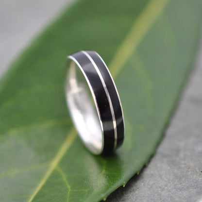 Black coyol seed wedding band with recycled sterling silver, Asi design