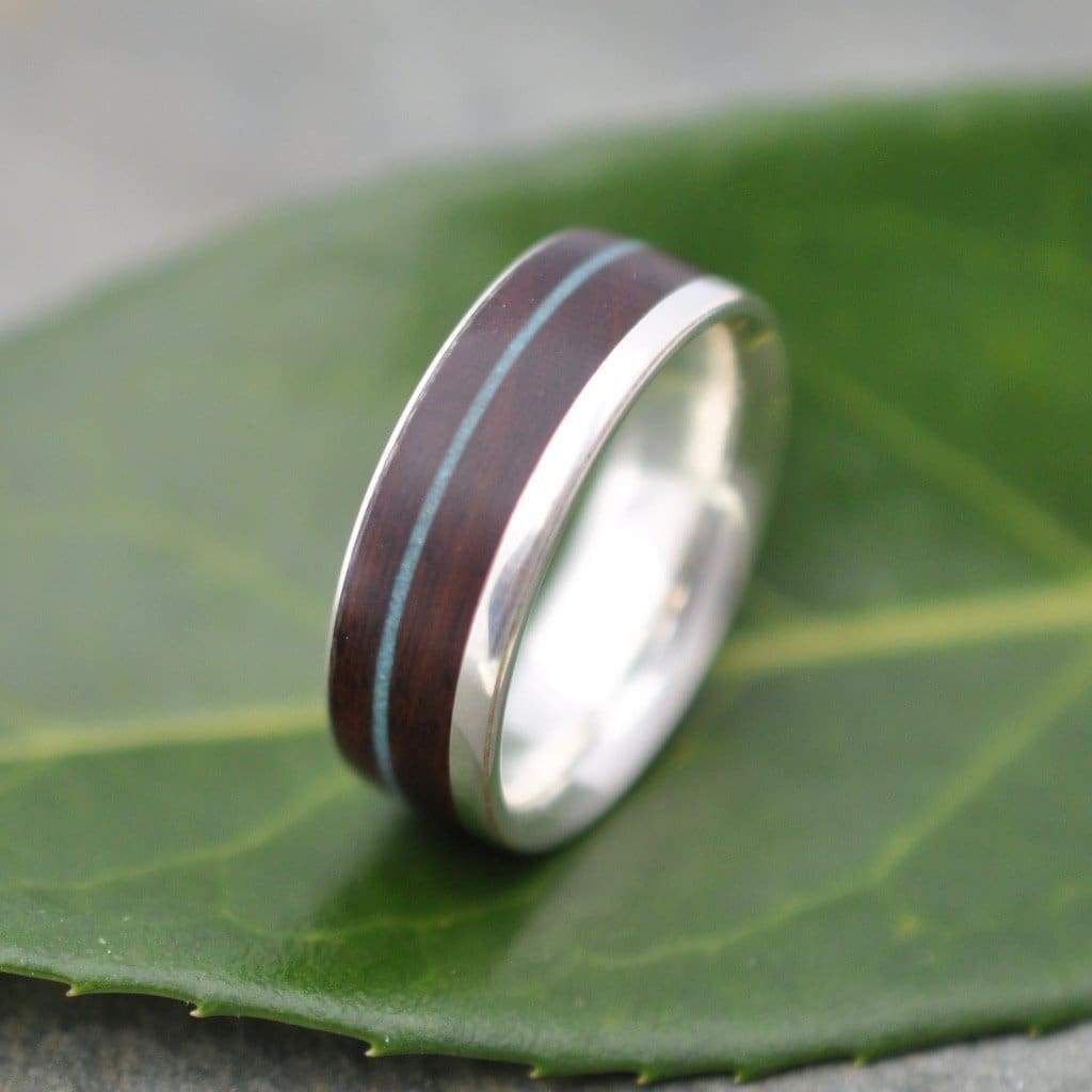 Sustainable sterling silver wood ring with turquoise and nacascolo