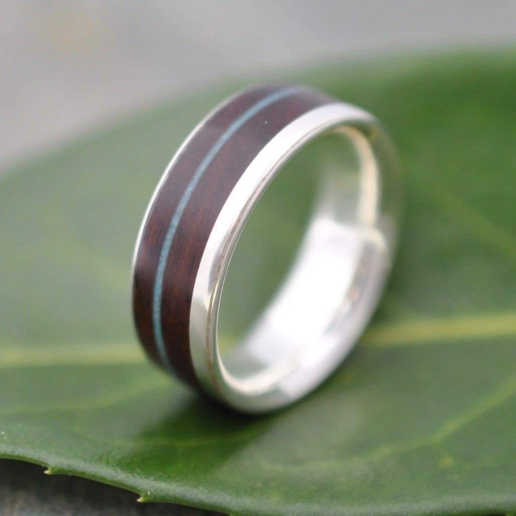 Sterling silver wood wedding band with turquoise inlay and nacascolo wood, Un Lado Asi