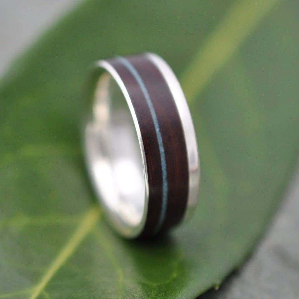 Ethically made turquoise and wood ring with recycled silver, Un Lado Asi