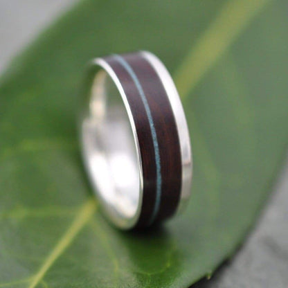 Ethically made turquoise and wood ring with recycled silver, Un Lado Asi