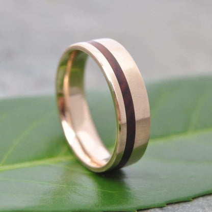 Yellow Gold Wood Wedding Ring, Cocobolo, Comfort Fit 