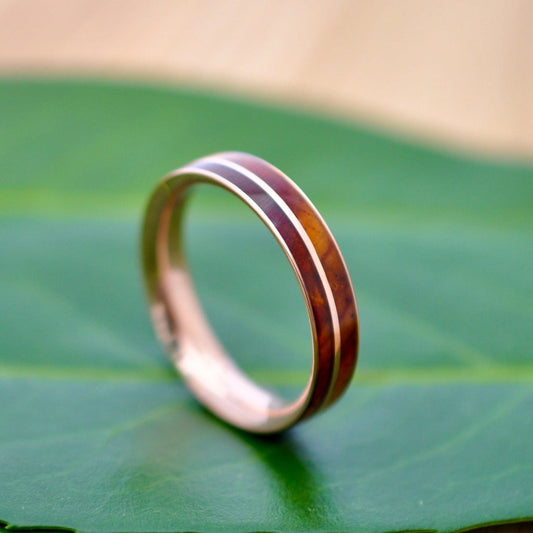 Cocobolo wood wedding band with 14k recycled yellow gold interior, handcrafted men’s ring.