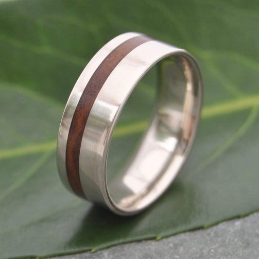 Handcrafted wood wedding band with recycled 14k white gold