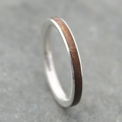Thin walnut wood stacking band with silver, designed to pair with engagement ring