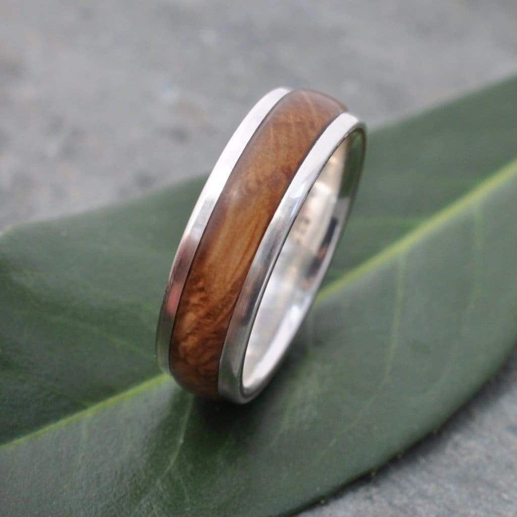 Bourbon Barrel Ring, Comfort Fit Silver Tierra Wooden Ring - Naturaleza Organic Jewelry & Wood Rings