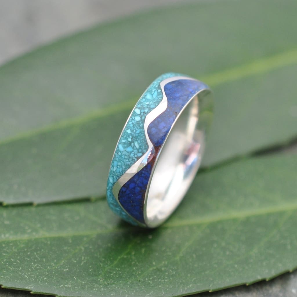 Unique turquoise and lapis lazuli wedding ring, wavy mountain pattern
