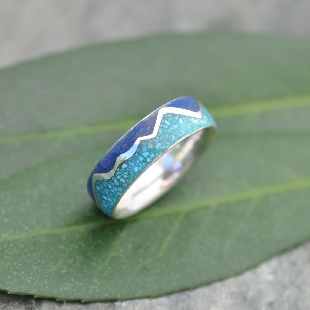 Custom turquoise and lapis ring, wavy mountain design