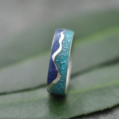 Turquoise wedding ring with lapis lazuli, wavy mountain inlay design