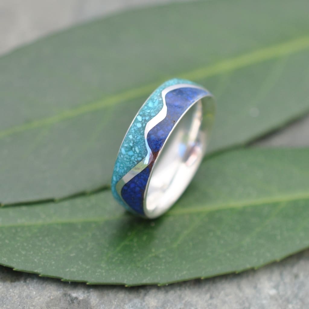 Sustainable turquoise ring with lapis lazuli mountain inlay, made to order