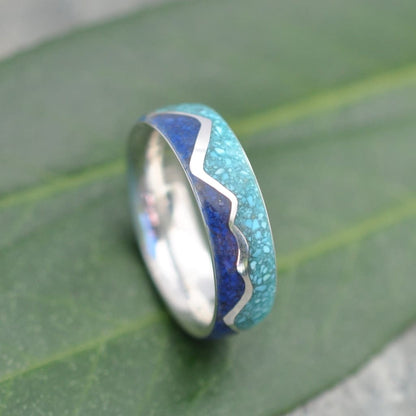 Blue stone wedding ring with turquoise and lapis, mountain design