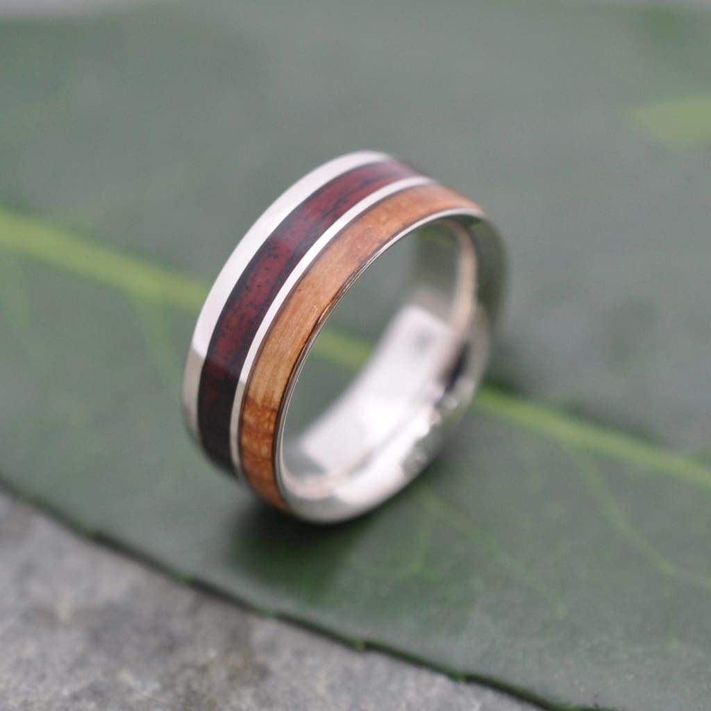 Two Wood Un Lado Asi Kentucky Bourbon Barrel and Nambaro Wood Ring, Recycled Sterling Silver Wood Ring, Bourbon Barrel Silver Wedding Ring