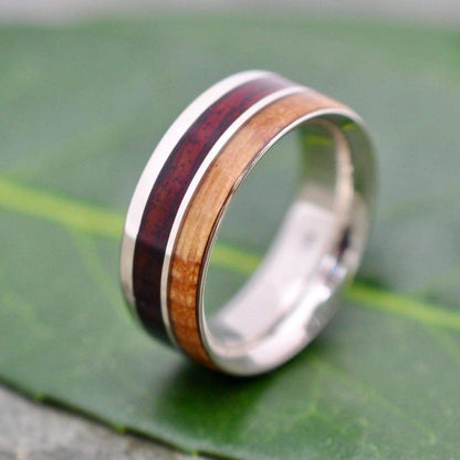 Two Wood Un Lado Asi Kentucky Bourbon Barrel and Nambaro Wood Ring, Recycled Sterling Silver Wood Ring, Bourbon Barrel Silver Wedding Ring