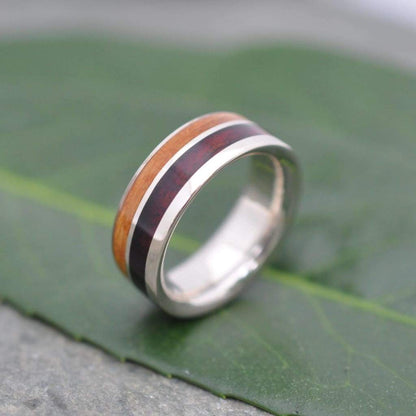 Two Wood Un Lado Asi Kentucky Bourbon Barrel and Nambaro Wood Ring, Recycled Sterling Silver Wood Ring, Bourbon Barrel Silver Wedding Ring