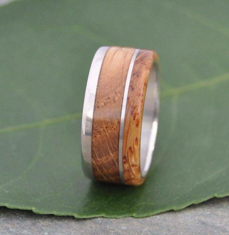 Bourbon Barrel Wedding Band, Recycled Sterling Silver Un Lado Asi Wood Ring - Naturaleza Organic Jewelry & Wood Rings