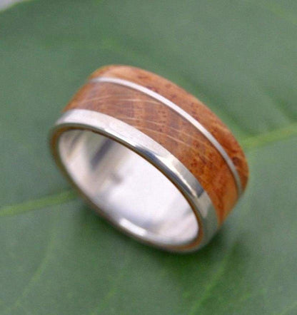 Bourbon Barrel Wedding Band, Recycled Sterling Silver Un Lado Asi Wood Ring - Naturaleza Organic Jewelry & Wood Rings