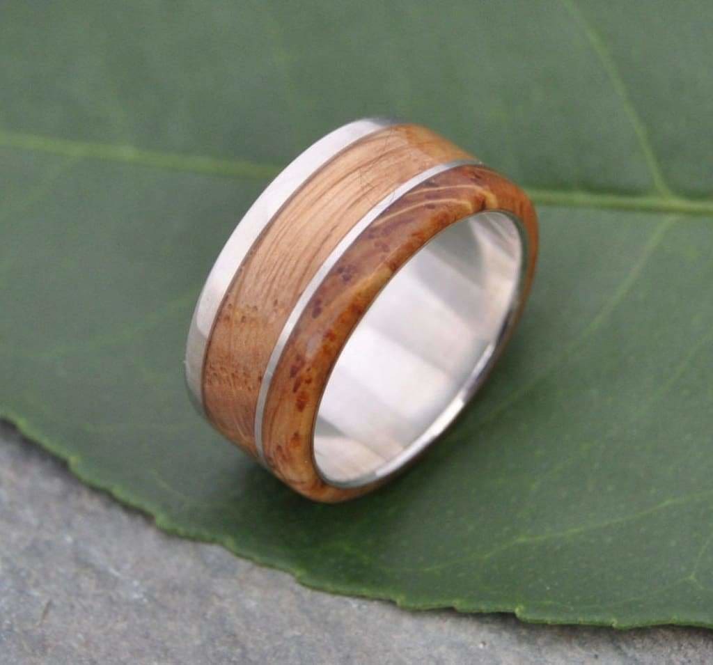 Bourbon Barrel Wedding Band, Recycled Sterling Silver Un Lado Asi Wood Ring - Naturaleza Organic Jewelry & Wood Rings