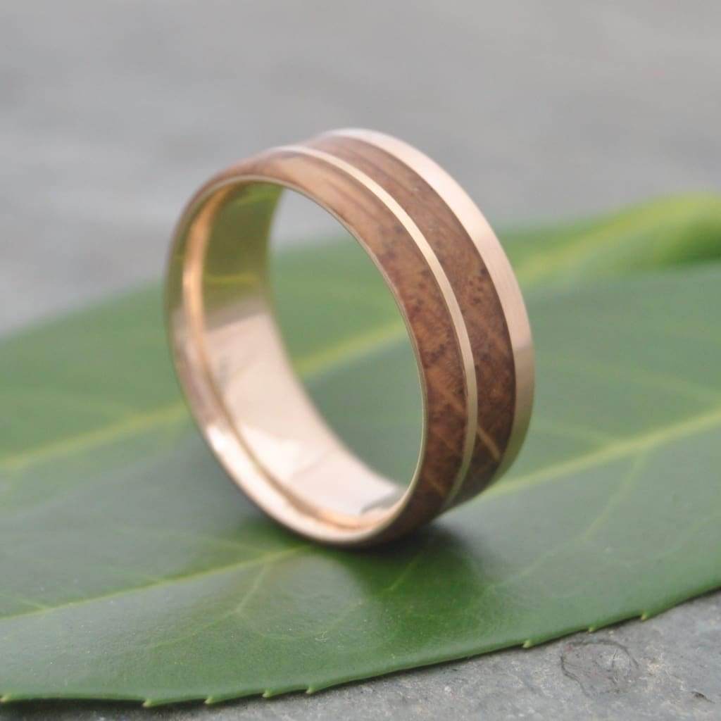 Yellow Gold Bourbon Barrel Wedding Ring, Un Lado Asi Wood Ring - Naturaleza Organic Jewelry & Wood Rings