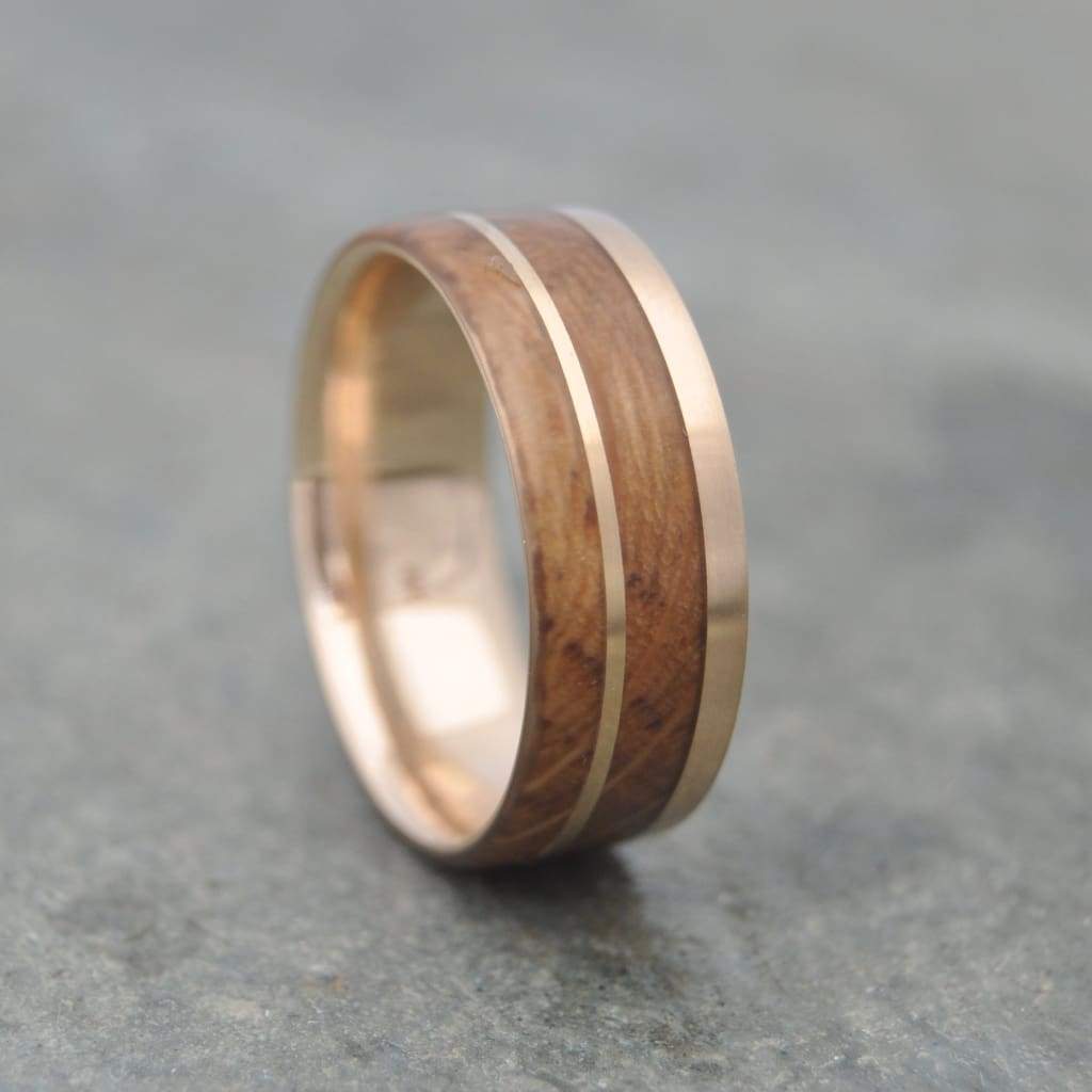 Yellow Gold Bourbon Barrel Wedding Ring, Un Lado Asi Wood Ring - Naturaleza Organic Jewelry & Wood Rings