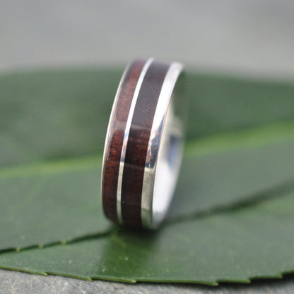 Un Lado Asi White Gold Koa Wood Wedding Ring 14k Recycled White Wood Wedding Band, White Gold Mens Wooden Wedding Ring Koa Wedding Band