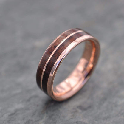 Sustainable rose gold wood ring with Kentucky walnut and recycled 14k rose gold