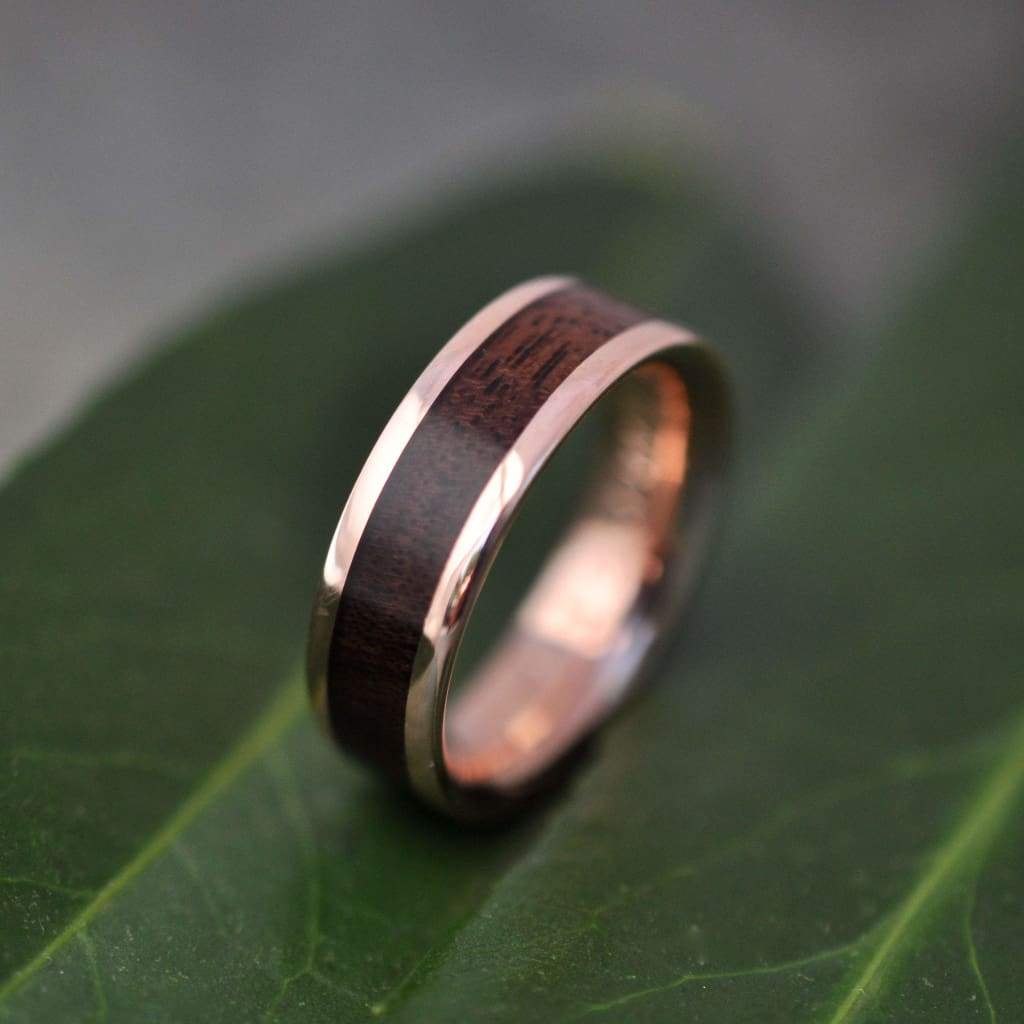 Comfort fit rose gold and walnut wood ring with Lados design