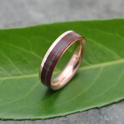 Handmade ring with koa wood, jadeite stone and yellow gold inlay