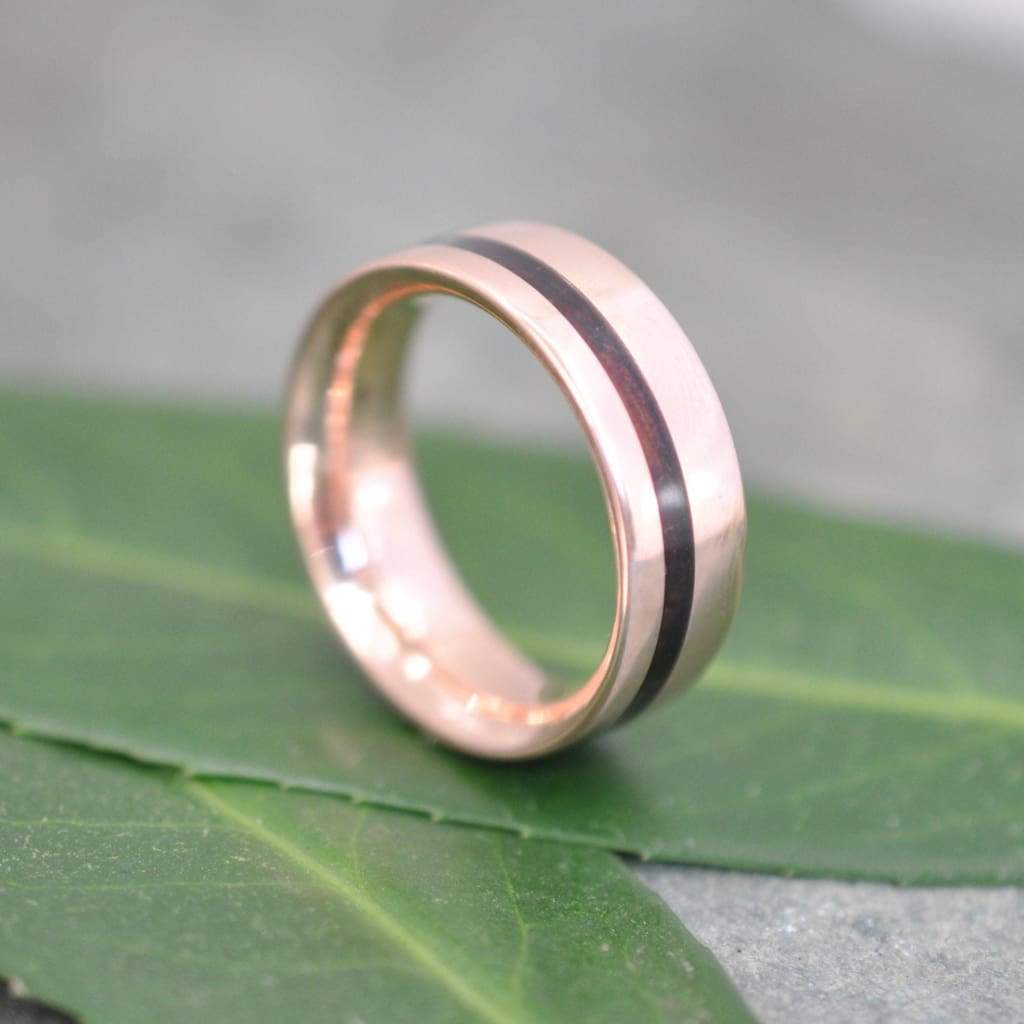 Equinox koa wood wedding ring with recycled rose gold offset inlay