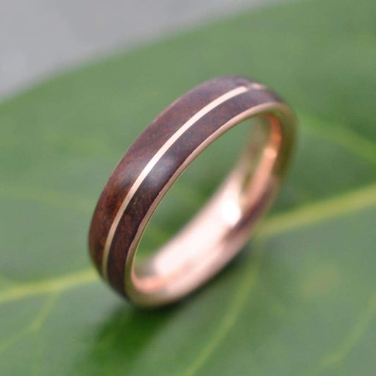 Rose gold wood wedding band with nacascolo wood and 14k rose gold, Asi design