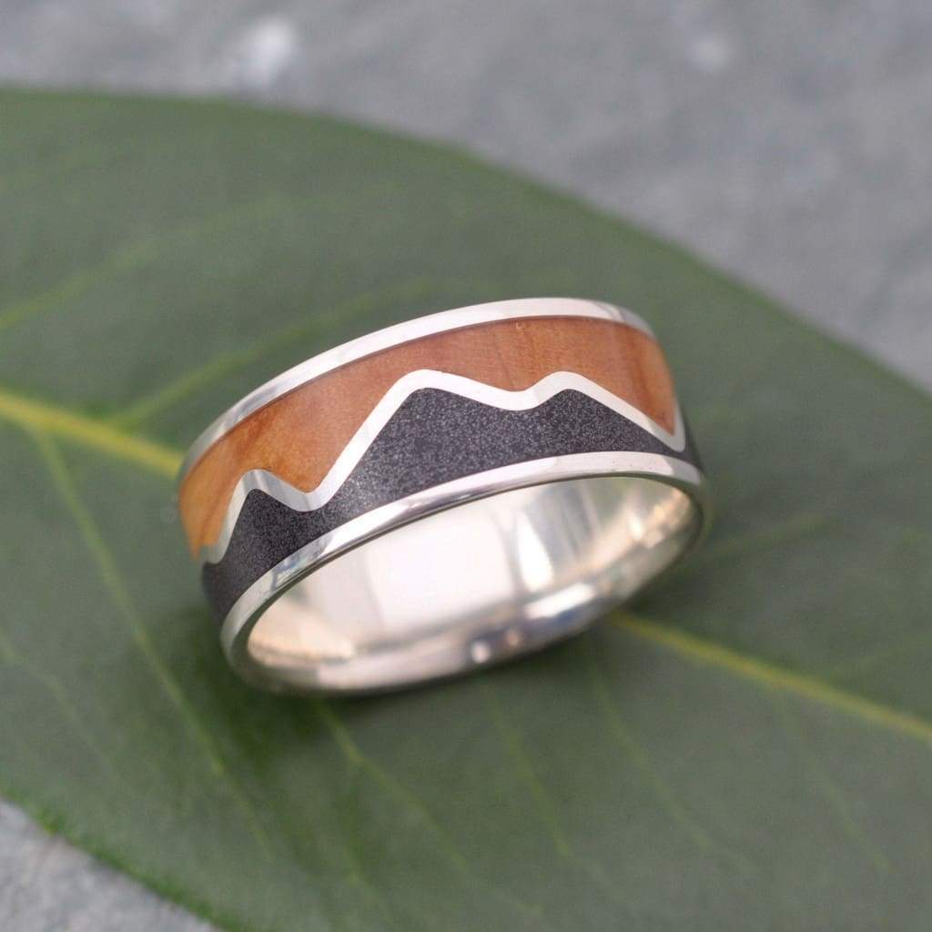 Mountain range ring showing volcanic sand sparkle and silver detail