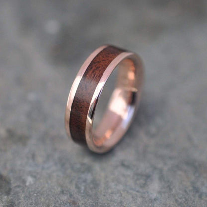 Rose gold and wood wedding band with walnut wood and 14k solid rose gold, Lados design