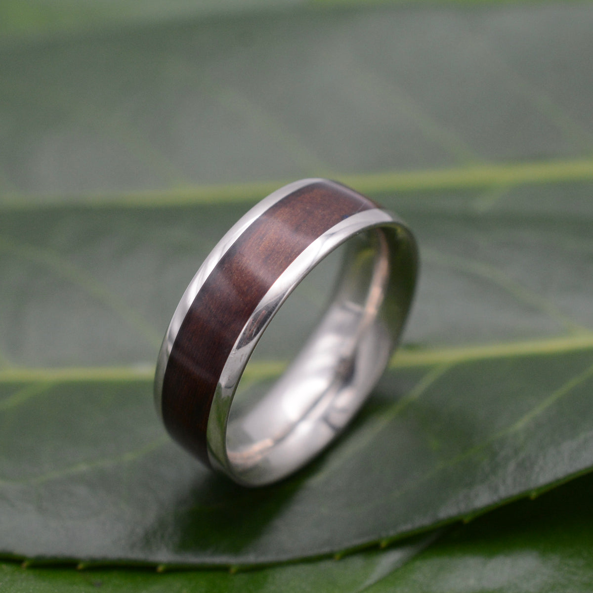 White Gold Lados Cherry Wood Ring with Round Profile - unique wood wedding band, handmade in Louisville KY, custom wood wedding band