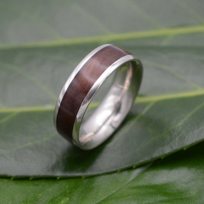 White Gold Lados Cherry Wood Ring with Round Profile, unique wood wedding band, handmade in Louisville KY.