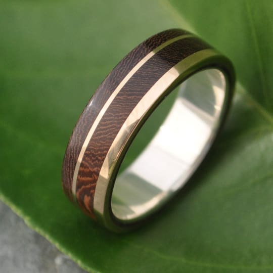 Asymmetric wood ring with nacascolo, yellow gold offset stripe and silver inner band