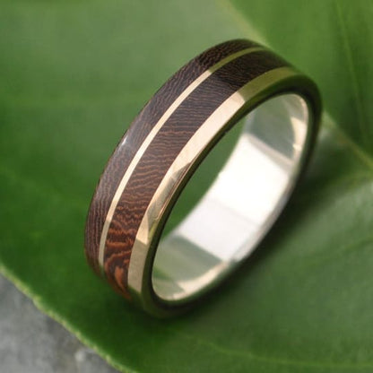 Asymmetric wood ring with nacascolo, yellow gold offset stripe and silver inner band