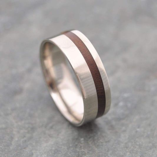 wood wedding band with recycled white gold
