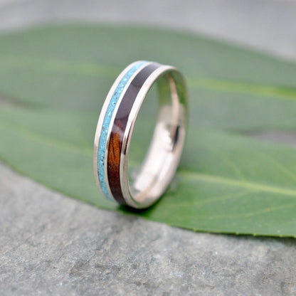 Yellow Gold Rayo de Luz Turquoise and Koa Wood Ring Yellow Gold Wood Wedding Ring Gold and Turquoise Ring Koa Wedding Ring