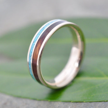 Yellow Gold Rayo de Luz Turquoise and Koa Wood Ring Yellow Gold Wood Wedding Ring Gold and Turquoise Ring Koa Wedding Ring