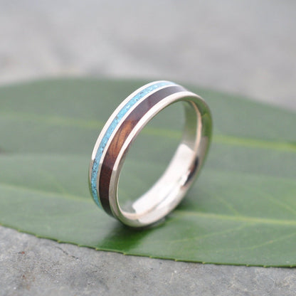 Yellow Gold Rayo de Luz Turquoise and Koa Wood Ring Yellow Gold Wood Wedding Ring Gold and Turquoise Ring Koa Wedding Ring